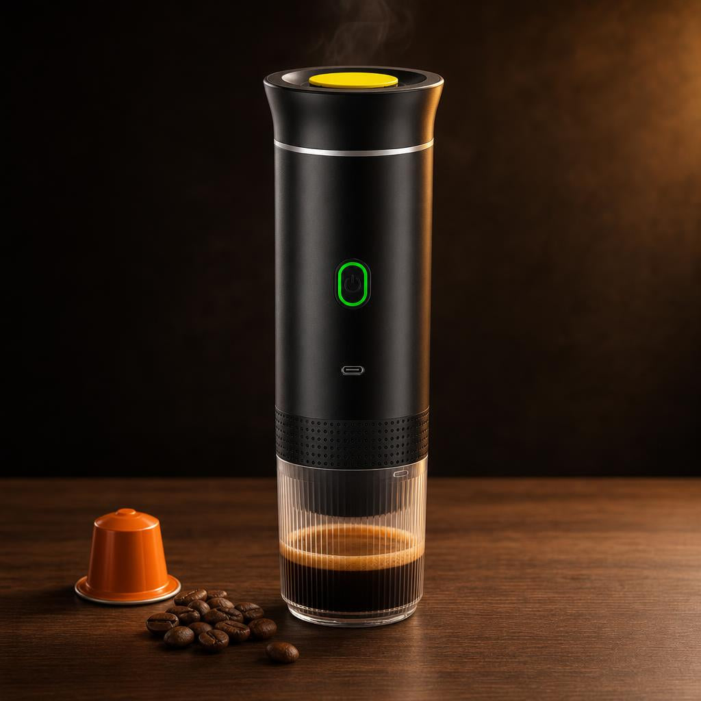 Cafetera espresso portátil con una cápsula y granos de café