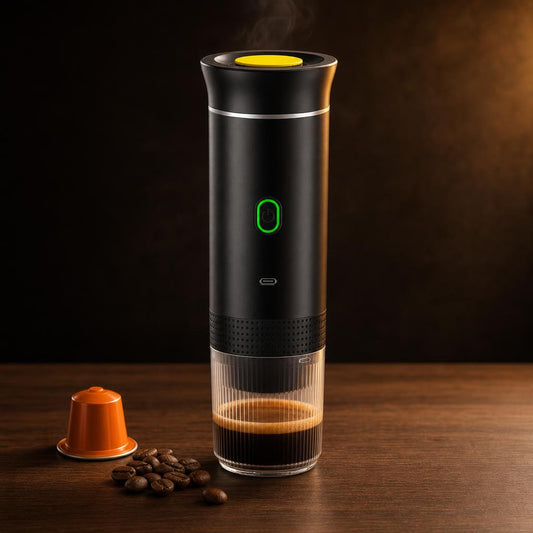 Cafetera espresso portátil con una cápsula y granos de café